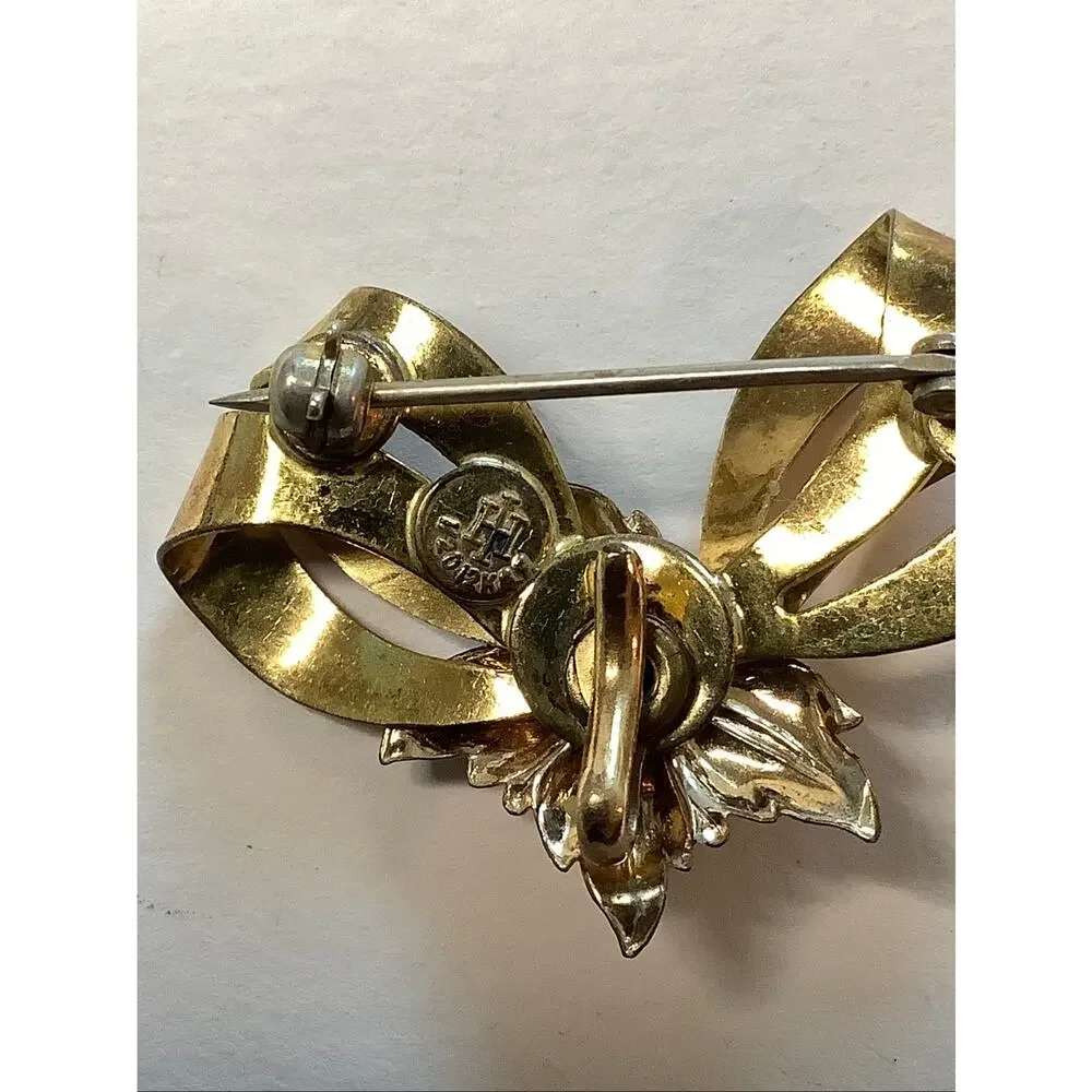 Harry Iskin Gold Tone Floral Bow Brooch Ribbon Pin Vintage Cottagecore F10-9